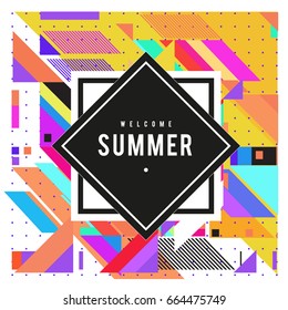 Trendy flat geometric vector banners. Vivid colorful banners in retro poster design style. Vintage colors and shapes Summer holiday theme.