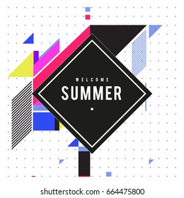 Trendy flat geometric vector banners. Vivid colorful banners in retro poster design style. Vintage colors and shapes Summer holiday theme.