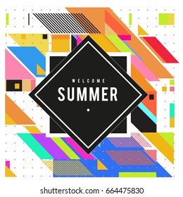 Trendy flat geometric vector banners. Vivid colorful banners in retro poster design style. Vintage colors and shapes Summer holiday theme.