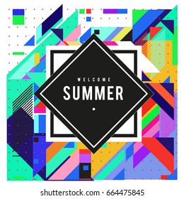 Trendy flat geometric vector banners. Vivid colorful banners in retro poster design style. Vintage colors and shapes Summer holiday theme.