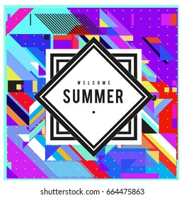 Trendy flat geometric vector banners. Vivid colorful banners in retro poster design style. Vintage colors and shapes Summer holiday theme.