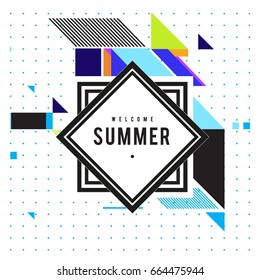 Trendy flat geometric vector banners. Vivid colorful banners in retro poster design style. Vintage colors and shapes Summer holiday theme.