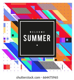 Trendy flat geometric vector banners. Vivid colorful banners in retro poster design style. Vintage colors and shapes Summer holiday theme.