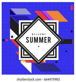 Trendy flat geometric vector banners. Vivid colorful banners in retro poster design style. Vintage colors and shapes Summer holiday theme.