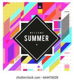Trendy flat geometric vector banners. Vivid colorful banners in retro poster design style. Vintage colors and shapes Summer holiday theme.