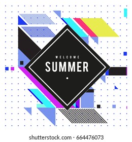 Trendy flat geometric vector banners. Vivid colorful banners in retro poster design style. Vintage colors and shapes Summer holiday theme.