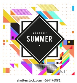 Trendy flat geometric vector banners. Vivid colorful banners in retro poster design style. Vintage colors and shapes Summer holiday theme.