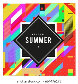 Trendy flat geometric vector banners. Vivid colorful banners in retro poster design style. Vintage colors and shapes Summer holiday theme.