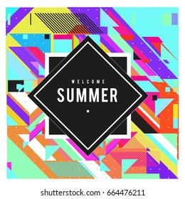 Trendy flat geometric vector banners. Vivid colorful banners in retro poster design style. Vintage colors and shapes Summer holiday theme.