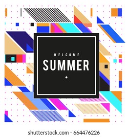 Trendy flat geometric vector banners. Vivid colorful banners in retro poster design style. Vintage colors and shapes Summer holiday theme.