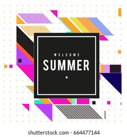 Trendy flat geometric vector banners. Vivid colorful banners in retro poster design style. Vintage colors and shapes Summer holiday theme.