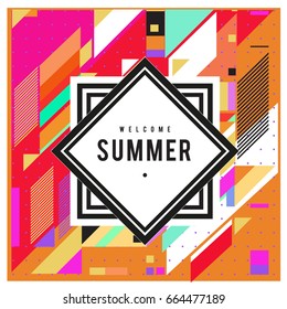 Trendy flat geometric vector banners. Vivid colorful banners in retro poster design style. Vintage colors and shapes Summer holiday theme.