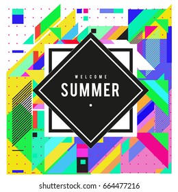 Trendy flat geometric vector banners. Vivid colorful banners in retro poster design style. Vintage colors and shapes Summer holiday theme.