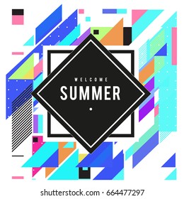 Trendy flat geometric vector banners. Vivid colorful banners in retro poster design style. Vintage colors and shapes Summer holiday theme.