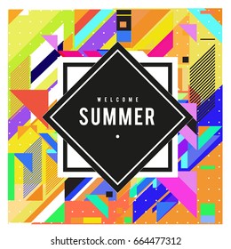 Trendy flat geometric vector banners. Vivid colorful banners in retro poster design style. Vintage colors and shapes Summer holiday theme.
