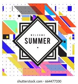 Trendy flat geometric vector banners. Vivid colorful banners in retro poster design style. Vintage colors and shapes Summer holiday theme.