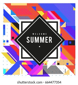 Trendy flat geometric vector banners. Vivid colorful banners in retro poster design style. Vintage colors and shapes Summer holiday theme.