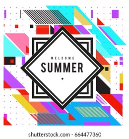 Trendy flat geometric vector banners. Vivid colorful banners in retro poster design style. Vintage colors and shapes Summer holiday theme.