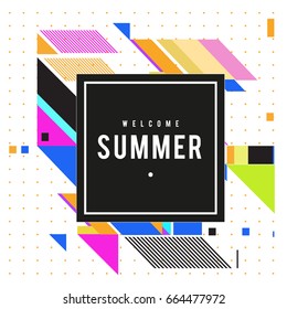Trendy flat geometric vector banners. Vivid colorful banners in retro poster design style. Vintage colors and shapes Summer holiday theme.