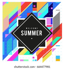 Trendy flat geometric vector banners. Vivid colorful banners in retro poster design style. Vintage colors and shapes Summer holiday theme.