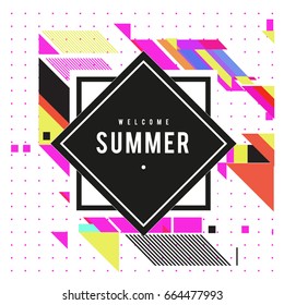 Trendy flat geometric vector banners. Vivid colorful banners in retro poster design style. Vintage colors and shapes Summer holiday theme.