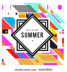 Trendy flat geometric vector banners. Vivid colorful banners in retro poster design style. Vintage colors and shapes Summer holiday theme.