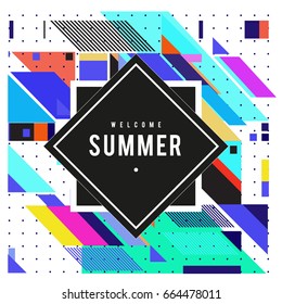 Trendy flat geometric vector banners. Vivid colorful banners in retro poster design style. Vintage colors and shapes Summer holiday theme.