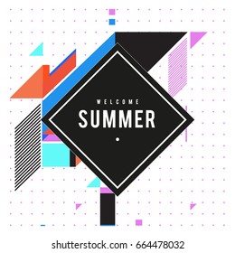 Trendy flat geometric vector banners. Vivid colorful banners in retro poster design style. Vintage colors and shapes Summer holiday theme.