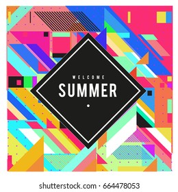 Trendy flat geometric vector banners. Vivid colorful banners in retro poster design style. Vintage colors and shapes Summer holiday theme.