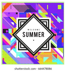 Trendy flat geometric vector banners. Vivid colorful banners in retro poster design style. Vintage colors and shapes Summer holiday theme.
