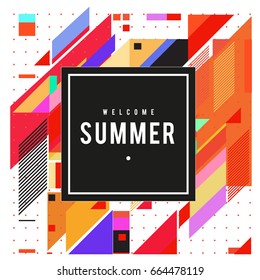 Trendy flat geometric vector banners. Vivid colorful banners in retro poster design style. Vintage colors and shapes Summer holiday theme.