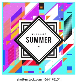 Trendy flat geometric vector banners. Vivid colorful banners in retro poster design style. Vintage colors and shapes Summer holiday theme.