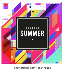 Trendy flat geometric vector banners. Vivid colorful banners in retro poster design style. Vintage colors and shapes Summer holiday theme.