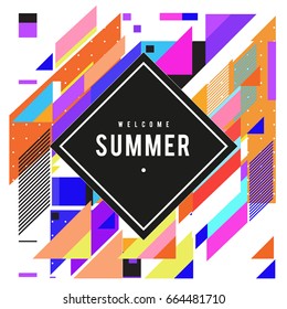 Trendy flat geometric vector banners. Vivid colorful banners in retro poster design style. Vintage colors and shapes Summer holiday theme.