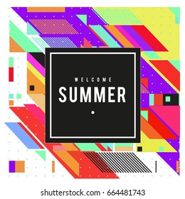 Trendy flat geometric vector banners. Vivid colorful banners in retro poster design style. Vintage colors and shapes Summer holiday theme.