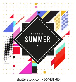 Trendy flat geometric vector banners. Vivid colorful banners in retro poster design style. Vintage colors and shapes Summer holiday theme.