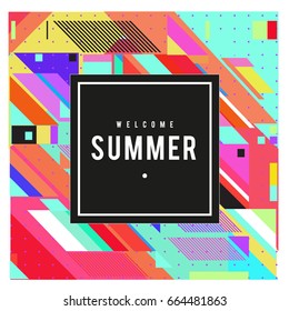 Trendy flat geometric vector banners. Vivid colorful banners in retro poster design style. Vintage colors and shapes Summer holiday theme.