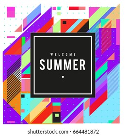 Trendy flat geometric vector banners. Vivid colorful banners in retro poster design style. Vintage colors and shapes Summer holiday theme.