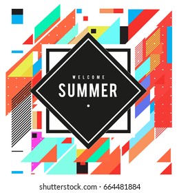Trendy flat geometric vector banners. Vivid colorful banners in retro poster design style. Vintage colors and shapes Summer holiday theme.