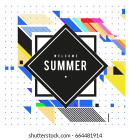 Trendy flat geometric vector banners. Vivid colorful banners in retro poster design style. Vintage colors and shapes Summer holiday theme.