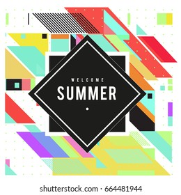 Trendy flat geometric vector banners. Vivid colorful banners in retro poster design style. Vintage colors and shapes Summer holiday theme.