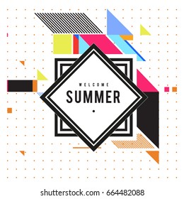 Trendy flat geometric vector banners. Vivid colorful banners in retro poster design style. Vintage colors and shapes Summer holiday theme.