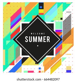 Trendy flat geometric vector banners. Vivid colorful banners in retro poster design style. Vintage colors and shapes Summer holiday theme.