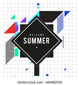 Trendy flat geometric vector banners. Vivid colorful banners in retro poster design style. Vintage colors and shapes Summer holiday theme.