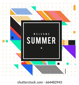 Trendy flat geometric vector banners. Vivid colorful banners in retro poster design style. Vintage colors and shapes Summer holiday theme.