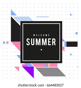 Trendy flat geometric vector banners. Vivid colorful banners in retro poster design style. Vintage colors and shapes Summer holiday theme.