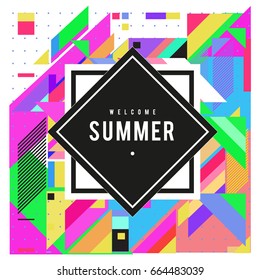 Trendy flat geometric vector banners. Vivid colorful banners in retro poster design style. Vintage colors and shapes Summer holiday theme.