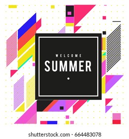 Trendy flat geometric vector banners. Vivid colorful banners in retro poster design style. Vintage colors and shapes Summer holiday theme.