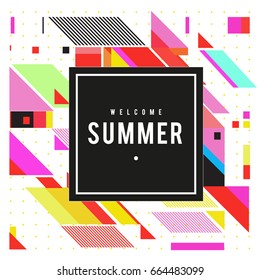 Trendy flat geometric vector banners. Vivid colorful banners in retro poster design style. Vintage colors and shapes Summer holiday theme.