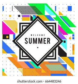 Trendy flat geometric vector banners. Vivid colorful banners in retro poster design style. Vintage colors and shapes Summer holiday theme.